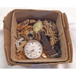 A box of reproduction cap badges, an import silver pocket watch (a/f), etc.