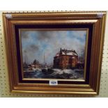 Herman: a gilt framed and velvet slipped oil on panel, entitled Winter in Holland, depicting a snowy