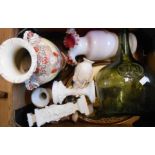 A box containing assorted ceramics and glass including Victorian bread plate, tube lined stag