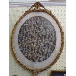 A pair of mid 19th Century gilt gesso ornate oval framed coloured engravings, one depicting