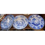 Nine antique blue and white transfer printed pottery plates including Rogers Elephant, Zebra, and
