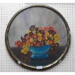 S. Atkinson: a heavy brass circular framed oil on canvas laid panel still life with flowers in a