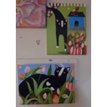 Alison Ross: two oil paintings, depicting cats, one with tulips, the other with dog - signed verso