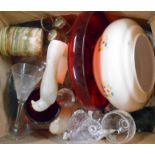 A box containing assorted glassware including decanters, vases, etc.