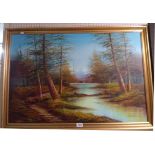 Cantrell: a gilt framed 20th Century oil on canvas, depicting a woodland river landscape - signed