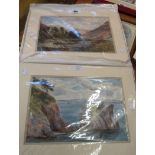Two unframed mounted watercolours, one depicting Dartmoor, the other rocks at Torquay