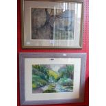 Sandra Buzzo: a framed watercolour, depicting path and stream leading to a building - sold with