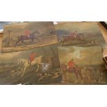 Four unframed oleographs on canvas, depicting hunting scenes - various condition