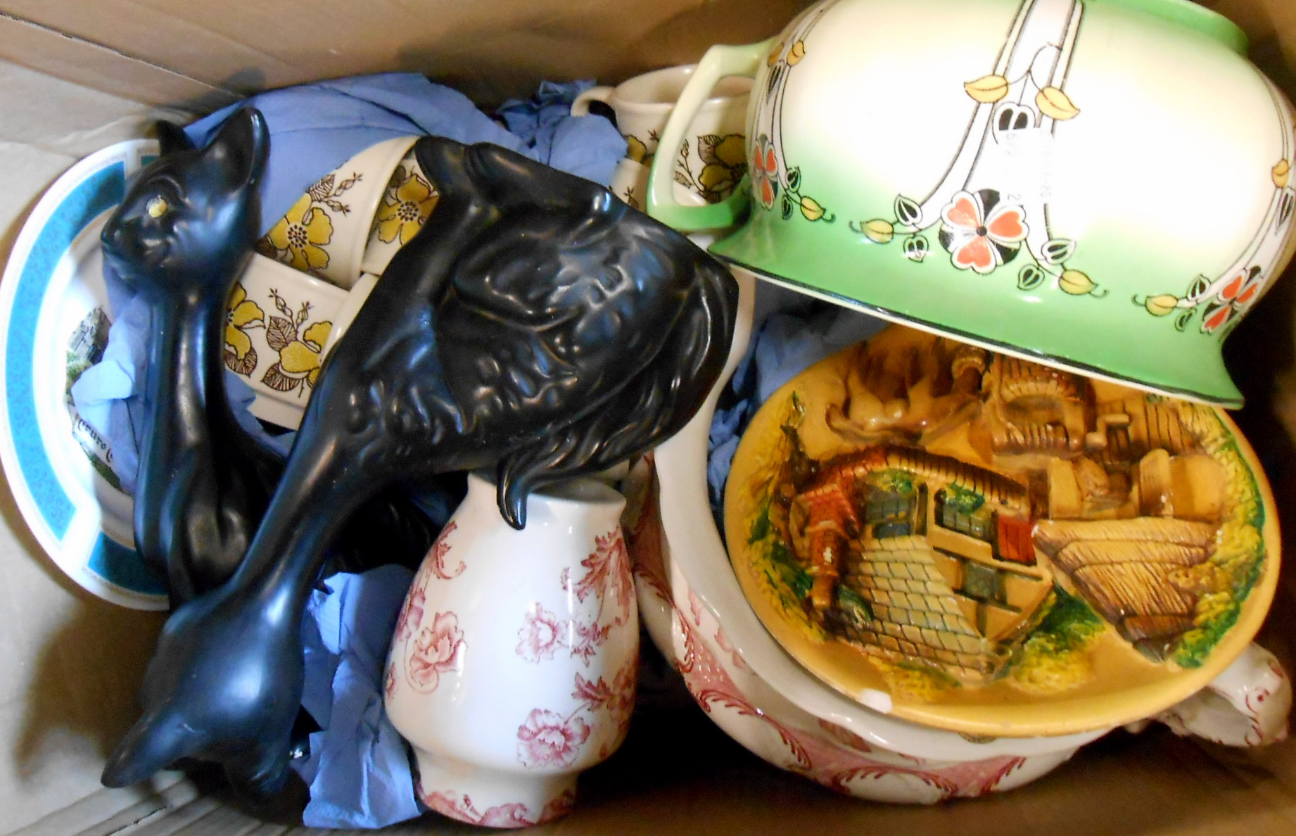 A box containing assorted china including chamber pots, etc.