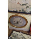 Two gilt framed 20th Century Chinese silk paintings, one depicting an island landscape, the other
