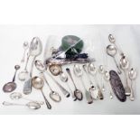 A small collection of antique and later silver spoons, etc. - sold with a white metal and nielo work