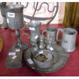 A selection of pewter items including mugs, Victorian plates, goblets, etc.