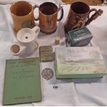 Assorted golf collectables including mugs, Bobby Jones flicker book 11a Drive and Mashie, silver