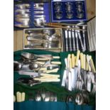 Various wraps containing Walker & Hall and other silver plated cutlery, other cased and boxed sets