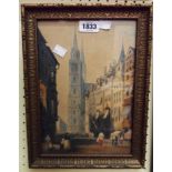 A gilt framed 19th Century watercolour, depicting a continental street scene with cathedral in