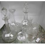 Three decanters and assorted glassware including Kosta Boda textured candlestick