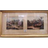 A gilt frame containing two Victorian coloured lithographs, one entitled A Rencounter in a Farmyard,