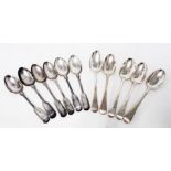 A selection of antique silver fiddle pattern and other teaspoons - various age and makers