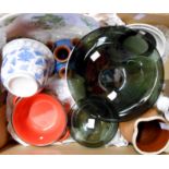 A box containing pottery items including Lotus and Longpark - sold with vintage smokey glass bowls