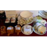 Assorted china including Crown Devon golf mug, a pair of Lawley's Art deco cups and saucers,