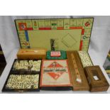 An old Monopoly game with paper playing pieces - sold with assorted games and dominoes, cribbage