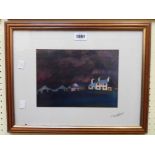 Stan Rosenthal: a framed coloured print, depicting cottages and other buildings in dark palette -