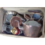 A wooden crate of metalware including copper kettles, S.S. Strathmore tankard, etc.