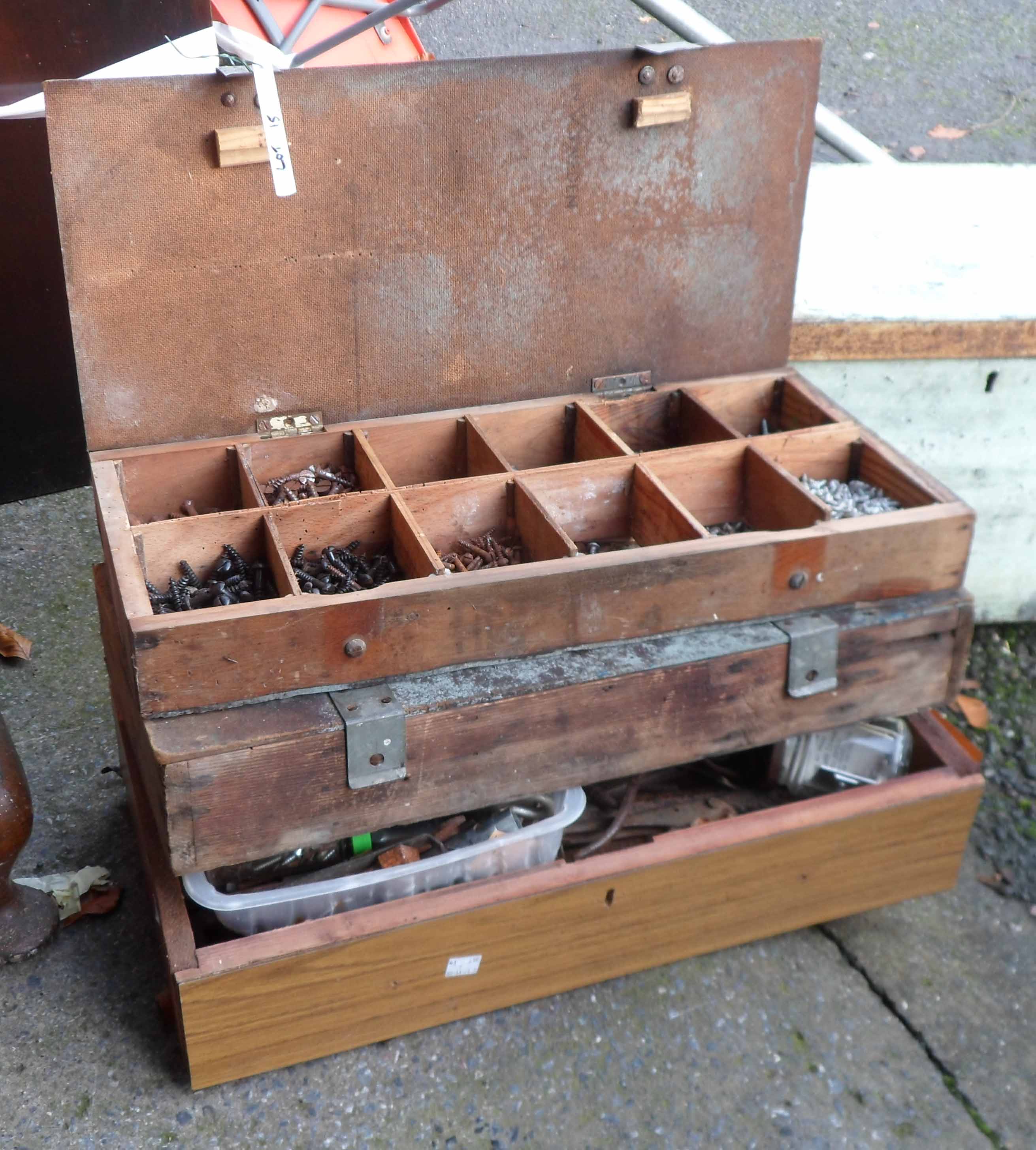 A box of old tools including spanners, tin snips, wrenches, etc.- sold with two boxes of nuts and