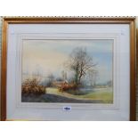 Clive Pryke: a gilt framed watercolour, depicting a rural autumnal view with church and buildings in