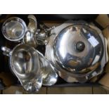 A box containing small silver plated items including muffin dish and three sauce boats