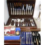 A polished wood canteen containing a part set silver plated beaded cutlery - sold with other cased