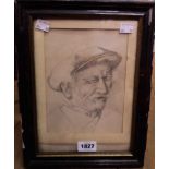 A framed pencil portrait of a man wearing a cap - indistinctly signed
