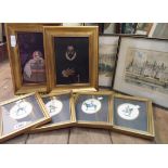 A pair of gilt framed portrait prints on canvas, two Hogarth framed coloured prints and four small