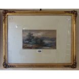 An antique ornate gilt framed watercolour, depicting an upland river scene with figures on the bank