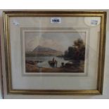 Varley: a gilt framed small watercolour, depicting men in a rowing boat on the banks of a Highland