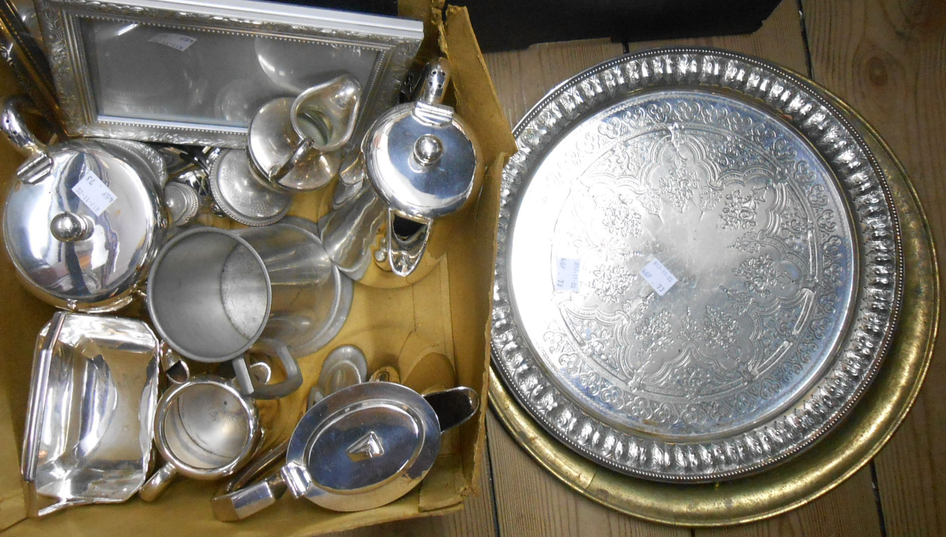 Various items of hotel silver plate, silver plated salver, brass tray and two frames