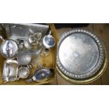 Various items of hotel silver plate, silver plated salver, brass tray and two frames
