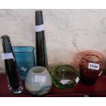 Six pieces of coloured glassware including two Orrefors vases, etc.