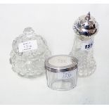 A silver topped hobnail glass sugar sifter - sold with a silver topped faceted glass dressing case