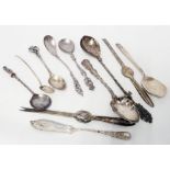 Three English hallmarked silver spoons - sold with other decorative spoons, butter knife and pair of