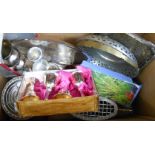 A box of silver plated items including rose bowls, candelabra, pair of reproduction Egyptian pots,