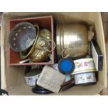 A box of vintage tins, metalware, etc.