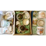 Two boxes and a plastic crate containing assorted items including Mottoware, commemorative ware,