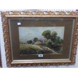 E.P.: an ornate gilt framed oil on canvas board, depicting rural scene with herdsmen and farmstead