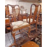 A set of six Edwardian walnut framed Queen Anne style dining chairs with remains of upholstered