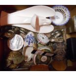 A box containing assorted ceramic and other items including commemorative ware, opera glasses, etc.