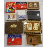 Assorted playing cards and games including Kan-U-Go, Uno - sold with a wooden Don't Forget the Kitty