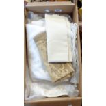 A box containing assorted linen and lace including large bedcloth, etc.