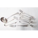 Various silver dessert forks, ladle, butter knife and sugar tongs