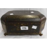 A Victorian chinoiserie lacquer work box and contents - worn